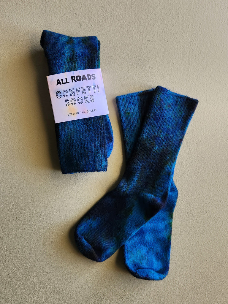 Dark blue tie dyed socks.