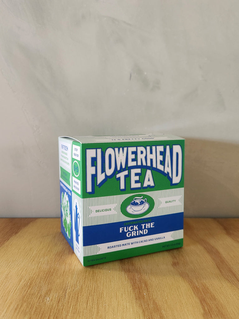 A box of 15 tea sachets of roasted mate tea by Flowerhead Tea.