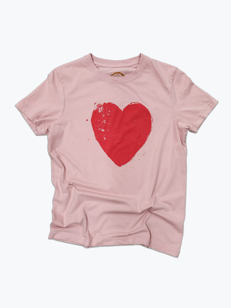 Soft Pink t-shirt with a large screen printed red heart. 