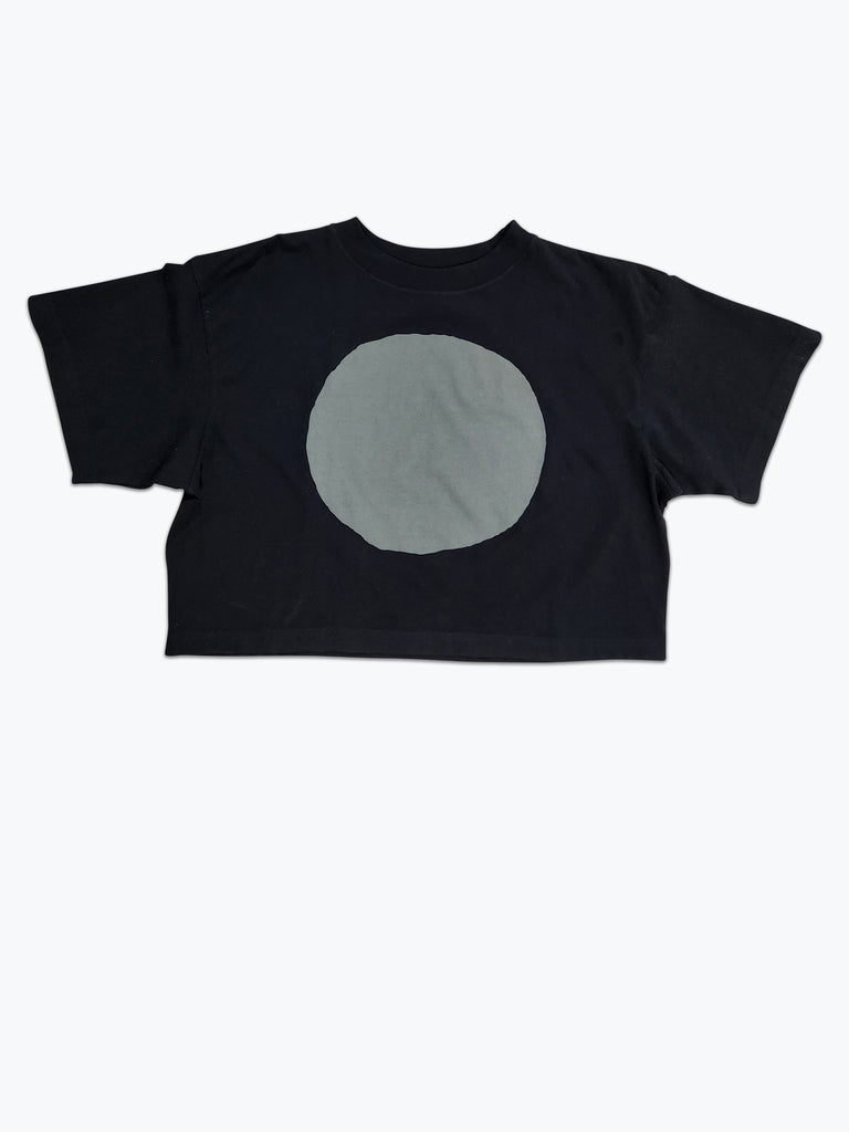 Boxy cropped t-shirt dyed black with a large grey circle screen printed.