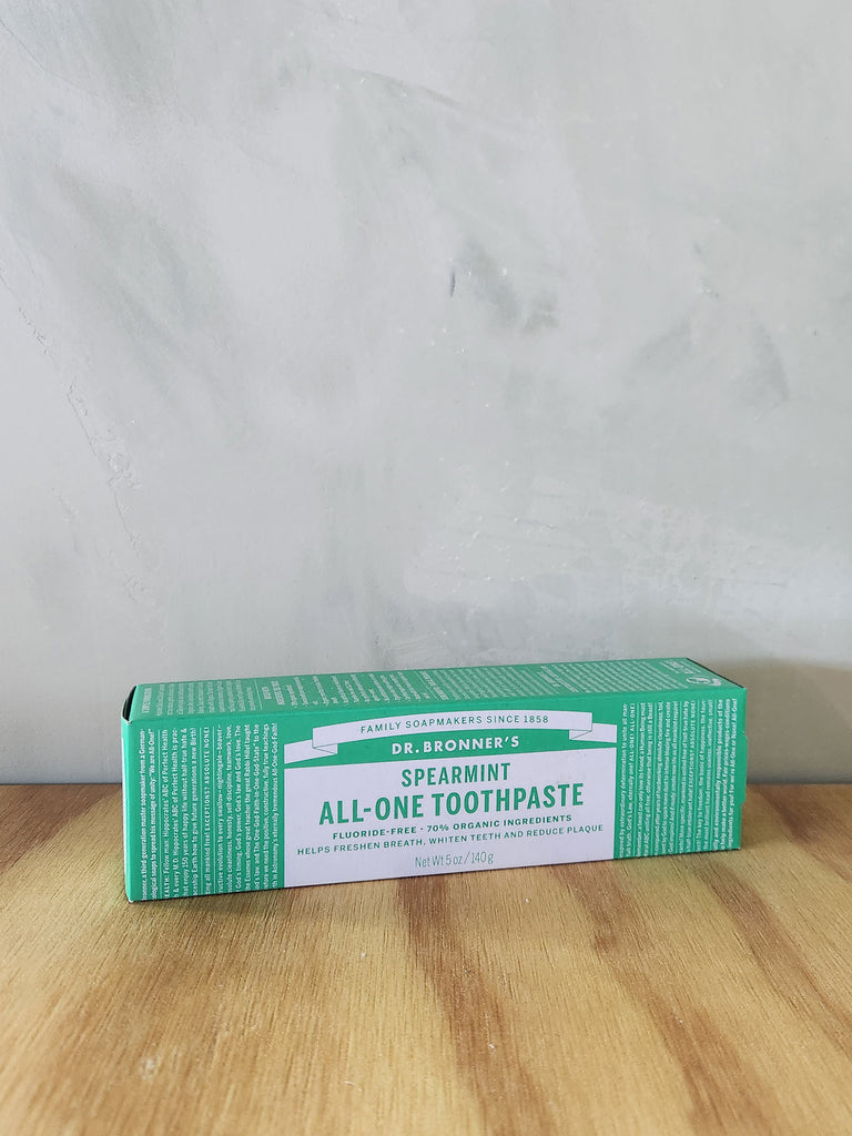 A 5oz tube of Dr Bronner's Spearmint toothpaste. 