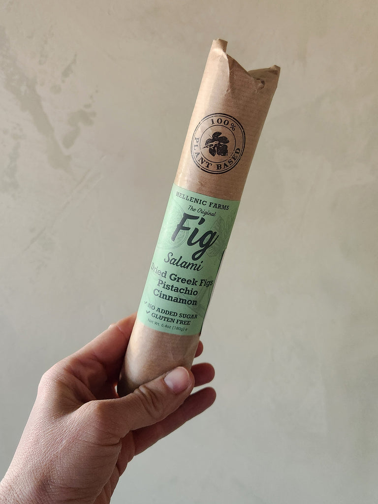 a vegan salami made from figs and pistachio.