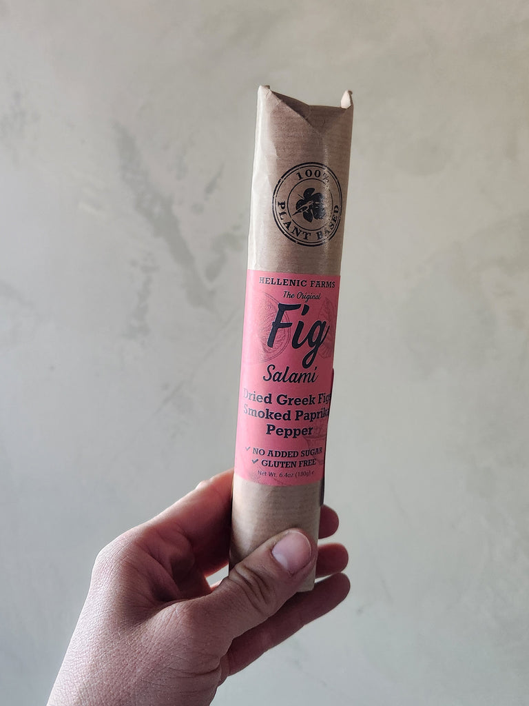 A vegan salami made from figs and pepper.