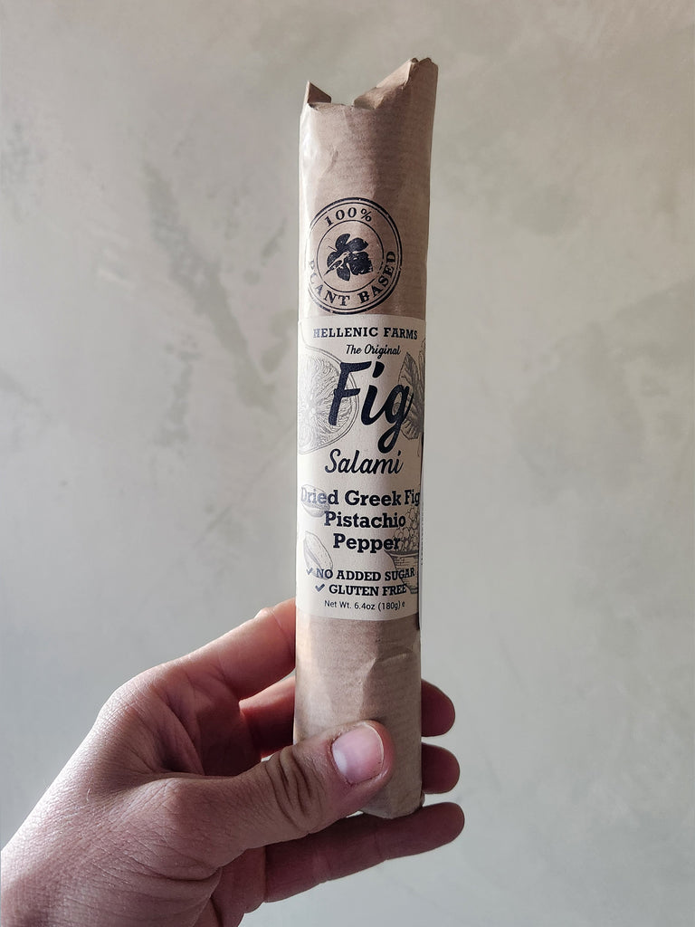 A vegan salami made from figs, pistachio and aleppo pepepr.