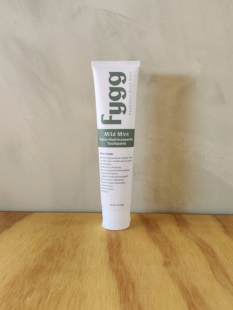 A regular sized tube of mint toothpaste with nano-hydroxyapetite and probiotics.