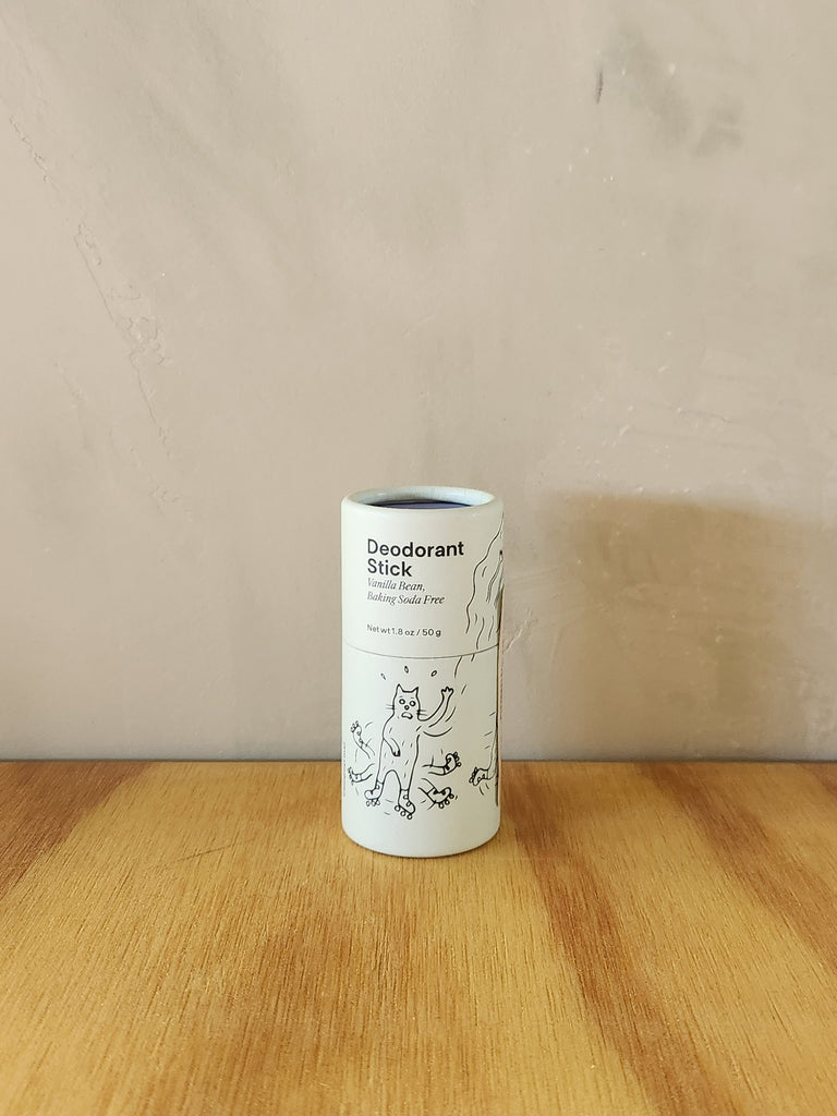 A natural, vanilla scented deodorant stick in a cardboard tube. 